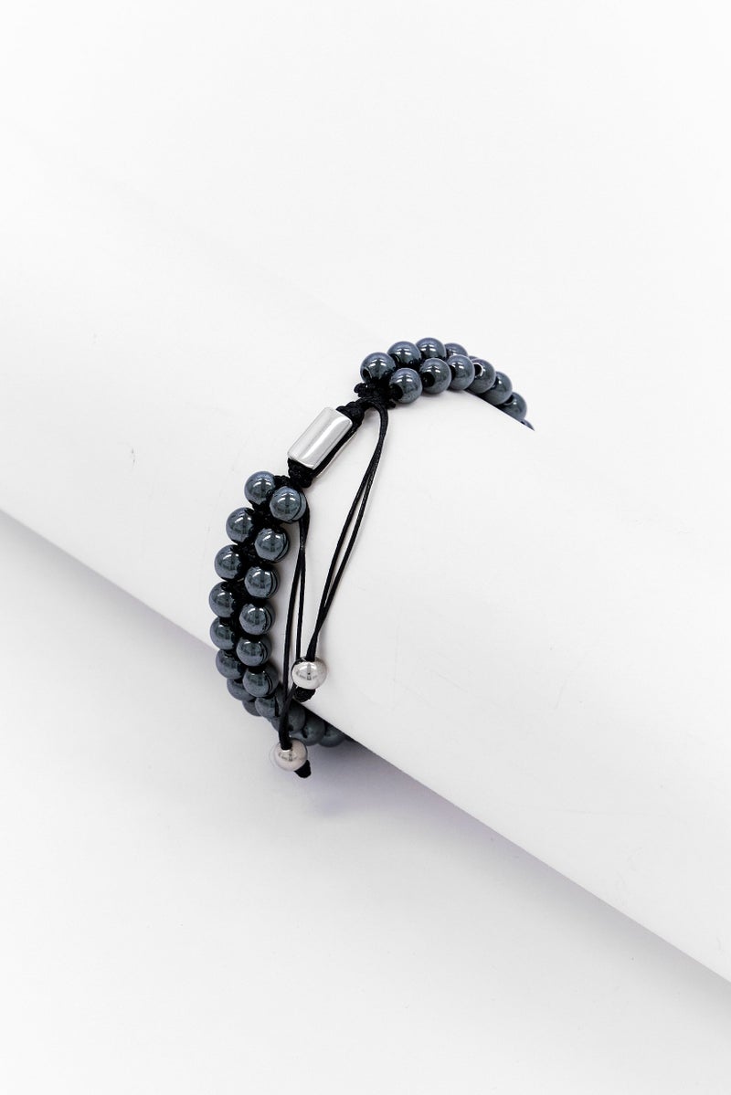 Steeltime Men Double Layered Hematite Beaded Bracelet, Black - Image 2